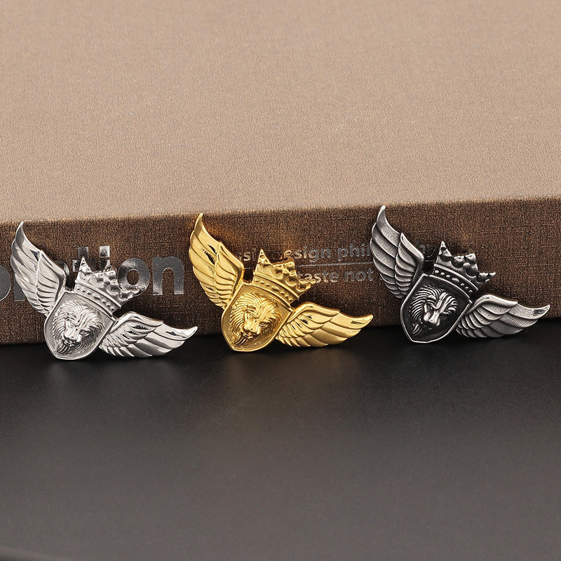 Retro Metal Lion Head Emblem Pendant with Punk Angel Wings for Men