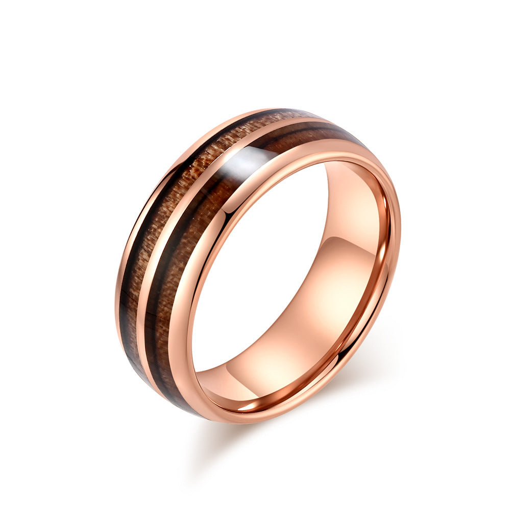 Planderful Tungsten Steel Ring With Parquet Wood Inlay Double Groove Unisex Couple Ring