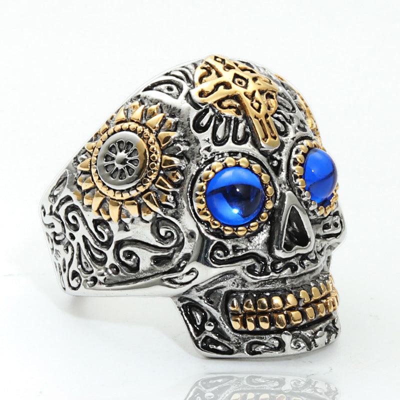 Planderful Skull Ring Titanium Steel Engraved Ghost Head Green Eye Unisex Protection For Men
