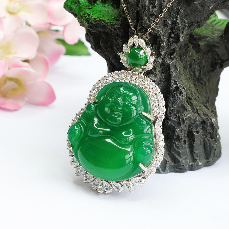 Chalcedony Buddha Pendant Sterling Silver Necklace with Zircon Accents