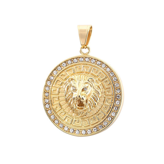 Planderful Zircon Lion Head Pendant Men Hip Hop Compass