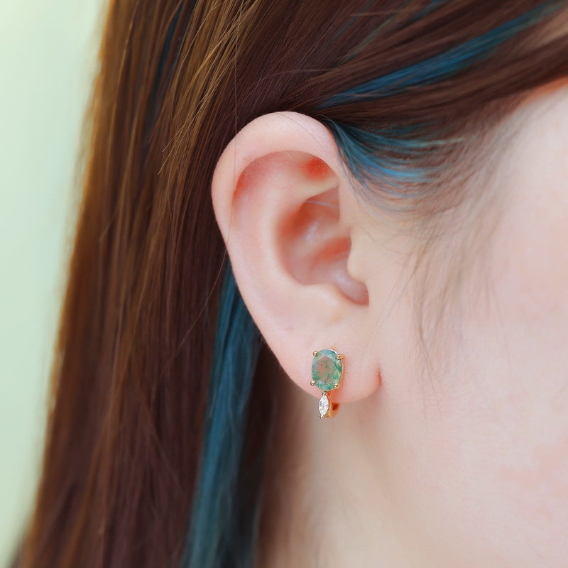 S925 Sterling Silver Moss Agate Minimalist Stud Earrings