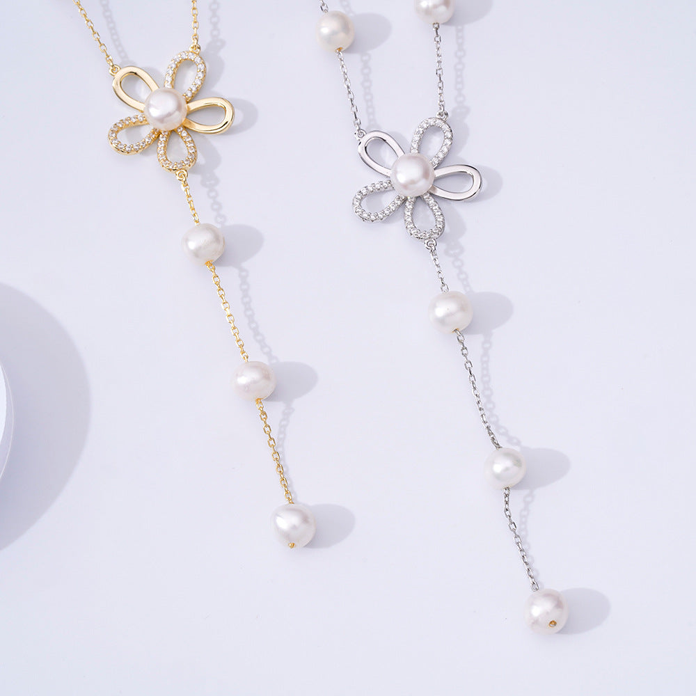 S925 Silver Hollow Flower Pearl Necklace for Women Wholesale