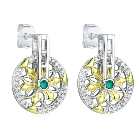 Creative Kaleidoscope Pattern Rotatable Circle Pendant Sterling Silver Drop Earrings