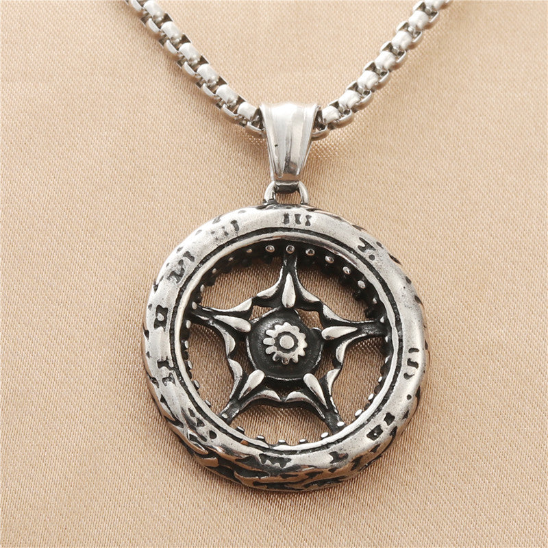 Titanium Steel Punk Pentagram Necklace for Men - Retro Trendy Stainless Steel Wheel Pendant