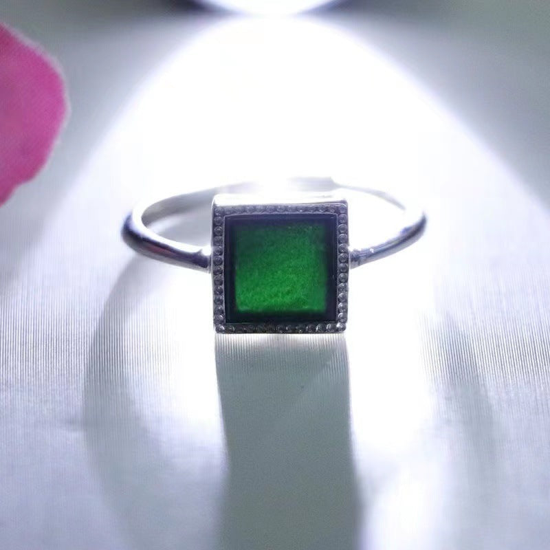 Icy Dark Jadeite Square 925 Silver Ring