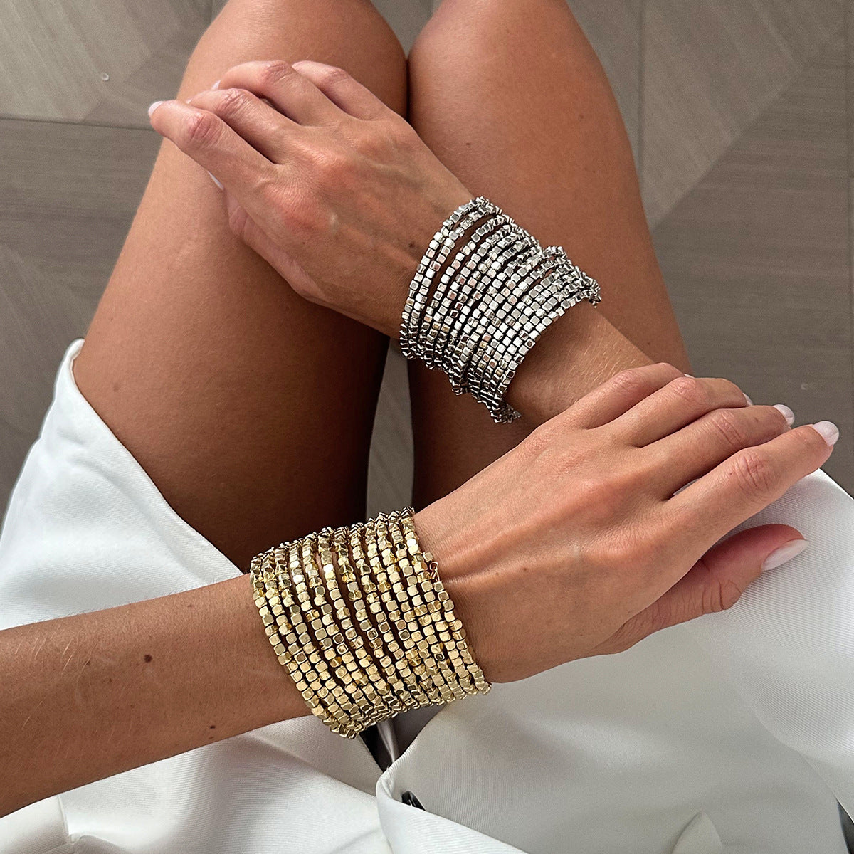Planderful Vienna Verve Elastic Silver Beaded Bracelet For Women Retro Square Design Statement Jewelry
