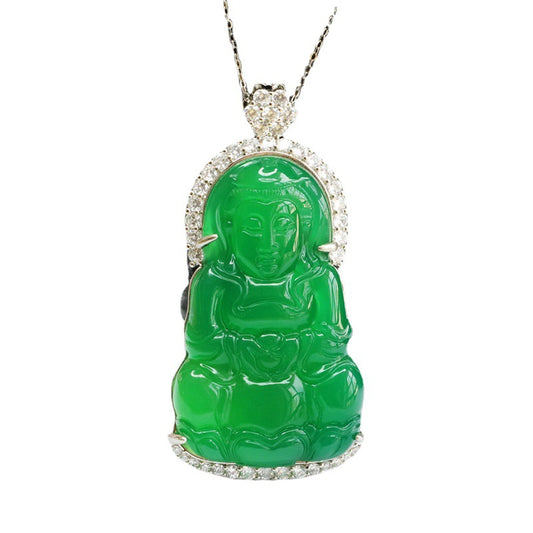 Green Chalcedony Guanyin Pendant Zircon Necklace Jewelry