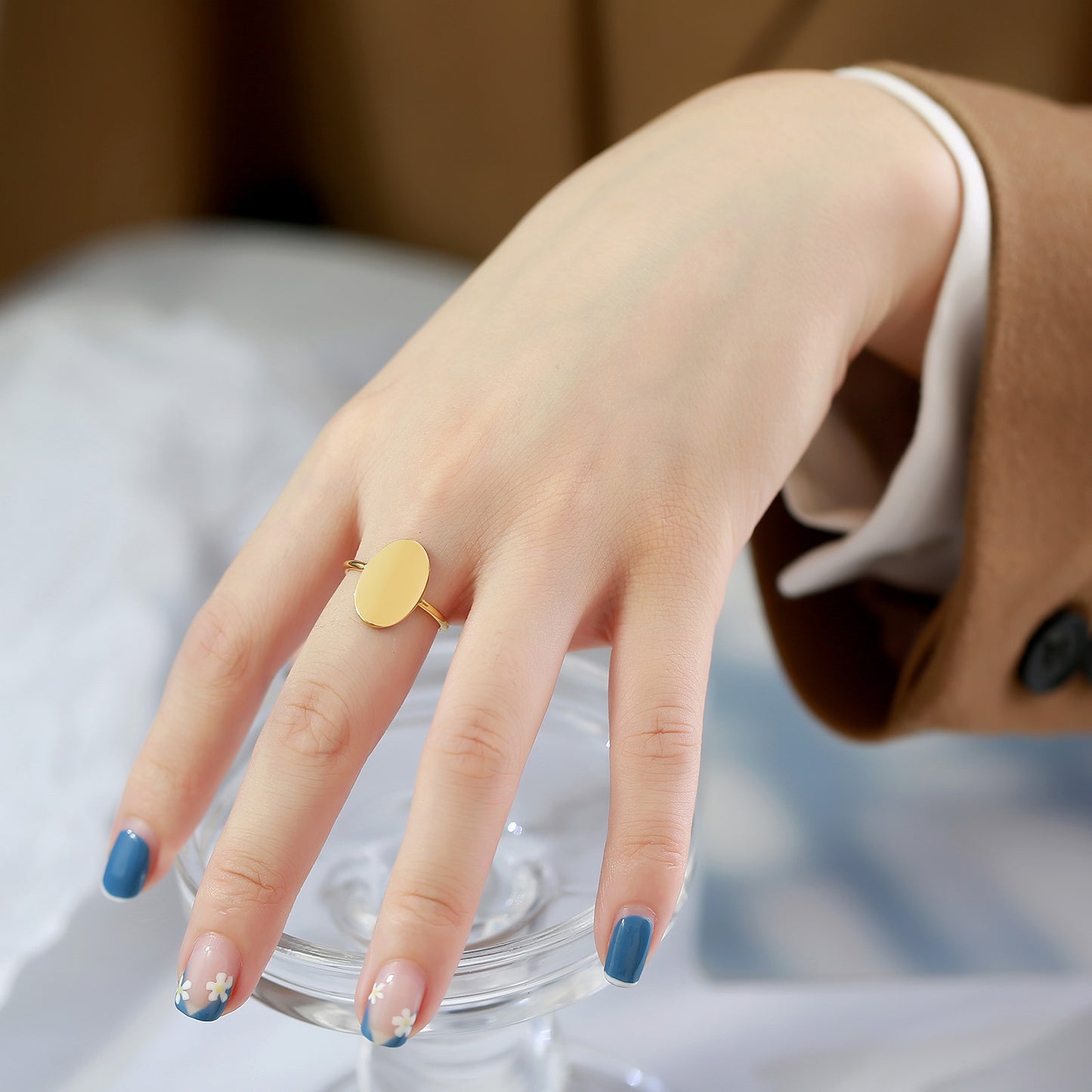 Stainless Steel Glossy Oval Personality Ring for Women