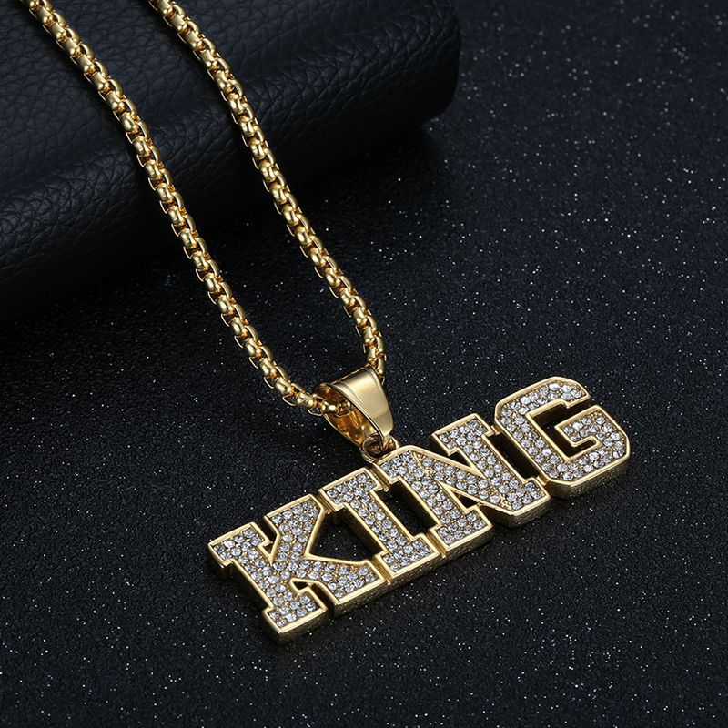 Planderful Hip Hop Jewelry King Pendant Necklace Gold Plated Zircon Titanium Steel For Urban Style Enthusiasts