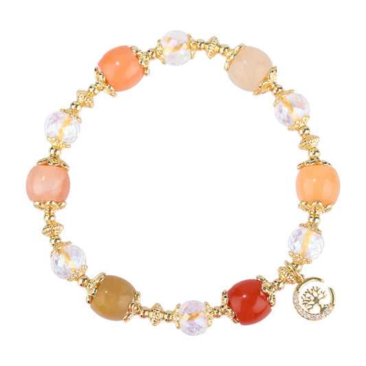 Chinese Style Crystal and Jade Beaded Bracelet with Moon Tree Pendant
