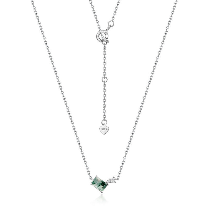 S925 Sterling Silver Moss Agate Square Jewelry Collection