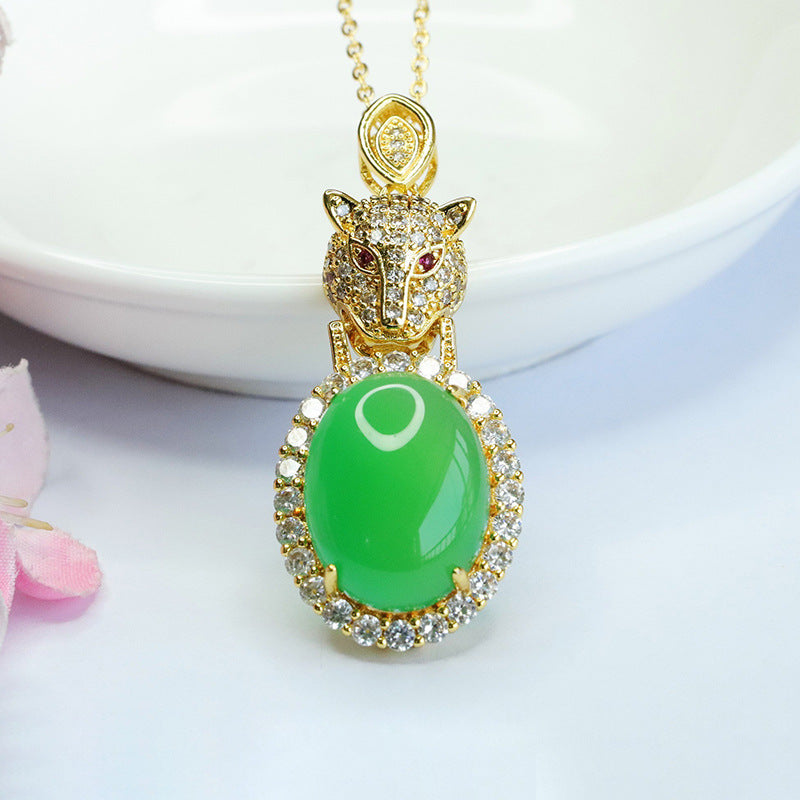 Emperor Green Chalcedony Leopard Head Pendant with Oval Ice Zircon