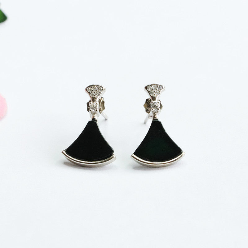 Stunning Blackish Green Small Skirt Stud Earrings with Sterling Silver and Natural Jade