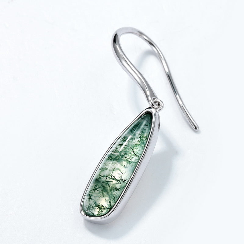 S925 Sterling Silver Moss Agate Minimalist Drop Earrings