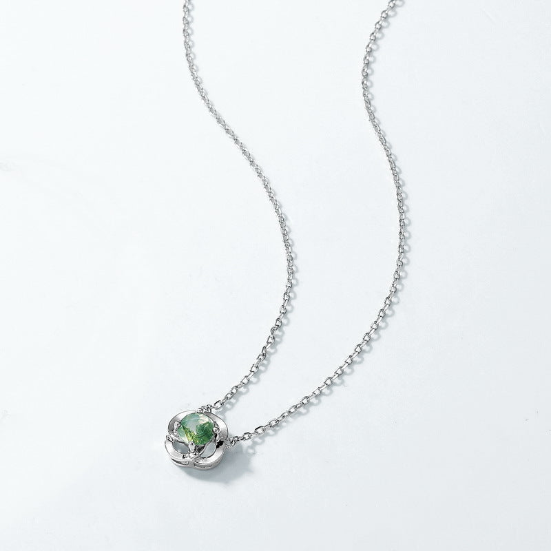 S925 Sterling Silver Moss Agate Clover Necklace