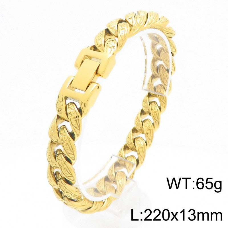 Cast Pattern – Punk Style 13mm Tang Grass Pattern Cuban Chain Titanium Steel Men's Bracelet