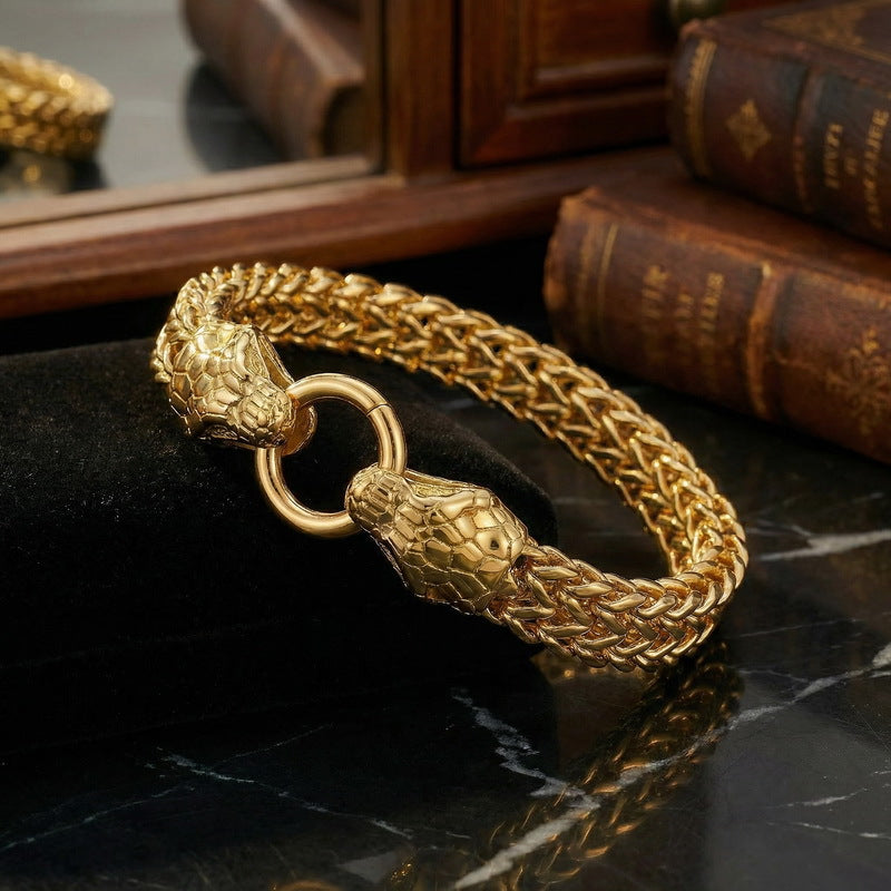 Zodiac Snake – Hip-Hop Rock Double Snake Head Front & Back Chain Stainless Steel Men's Bracelet