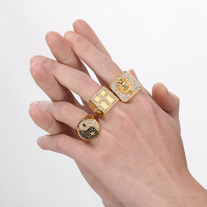 Planderful Mens Titanium Ring Lion Head Zircon Cross