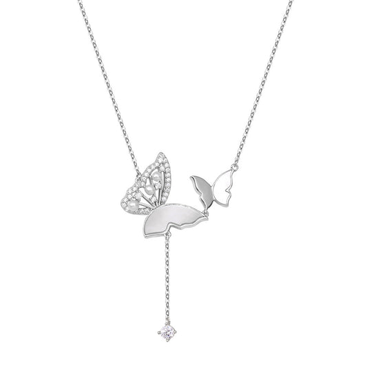 Zircon and Pearl Double Butterflies Tassel Silver Necklace