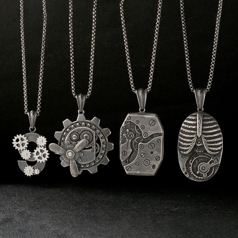 Age Of Steam Pendant, Punk Retro Stainless Steel Boiled Black Mechanical Gear Men's Necklace