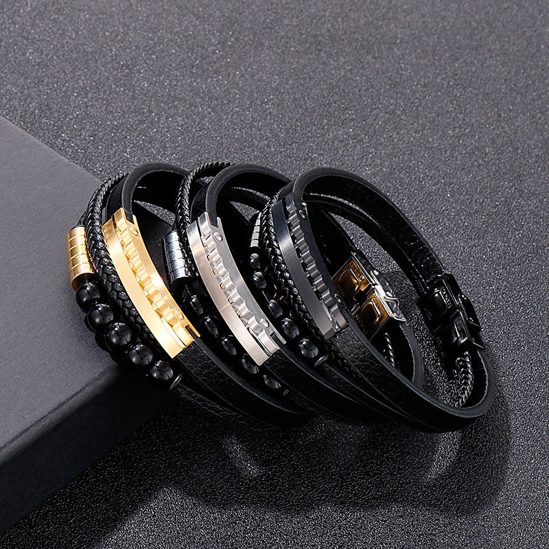 Planderful Mens Personalized Woven Leather Beaded Bracelet