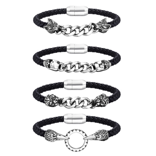 Stainless Steel Chain Microfiber Leather Layered Bracelet Men's Wolf Head Punk