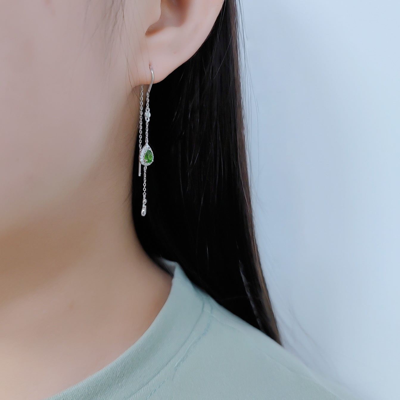 Pear Shape Natural Gemstone Tassel Ear Line Silver Earrings