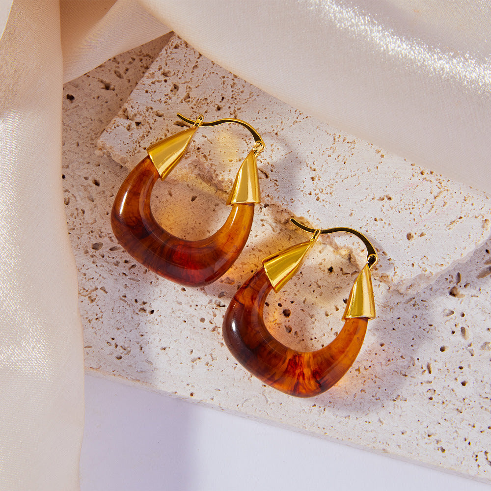 Golden Retro U-Shaped Earrings with Resin Design