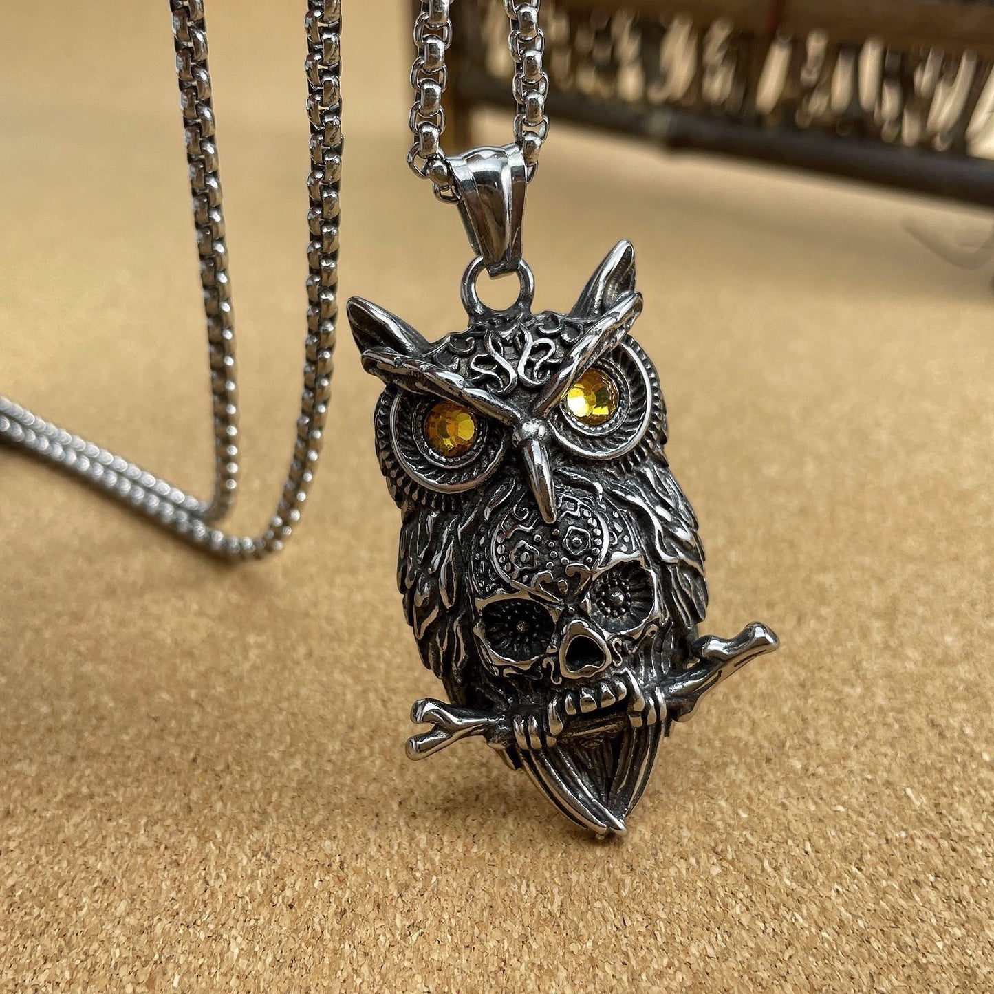 Planderful Owl Skull Pendant Necklace Retro Punk Stainless Steel Statement Jewelry For Goth Fashion