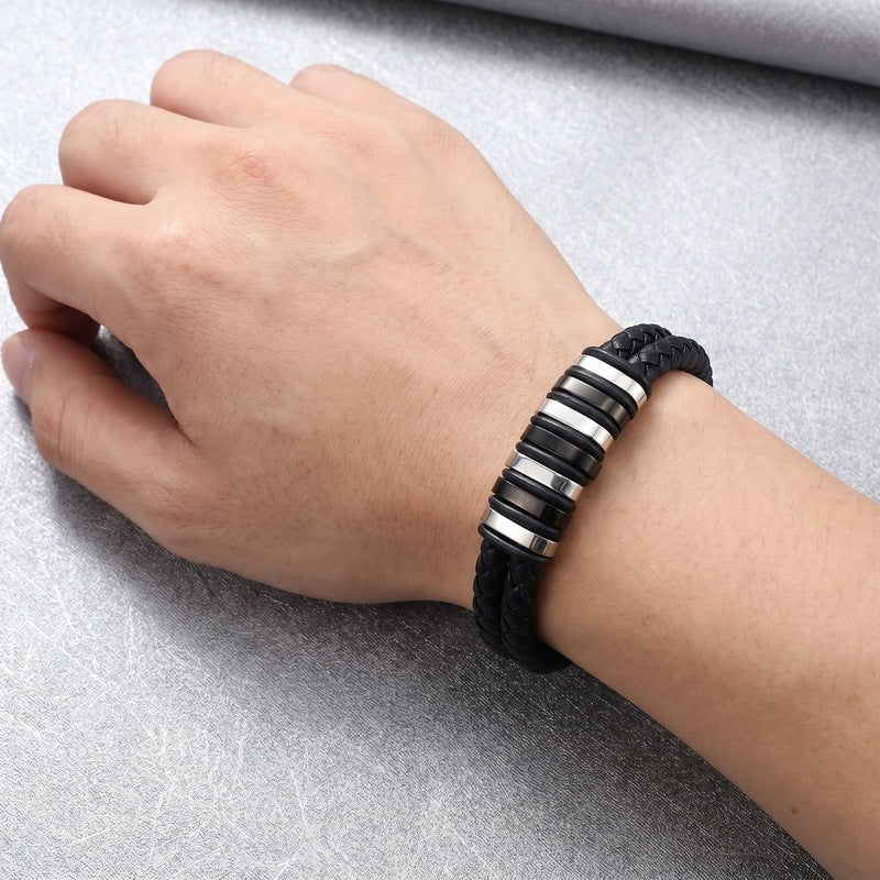 Woven Leather Bracelet Black & White Bead Spacer Stainless Steel Magnetic Suction