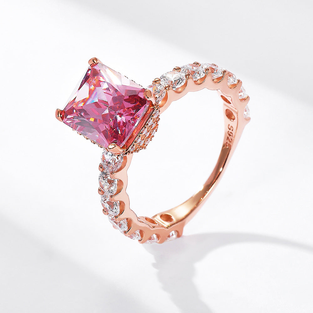 925 Sterling Silver Full Zircon Plated Rose Gold Ring Square Zircon Ring