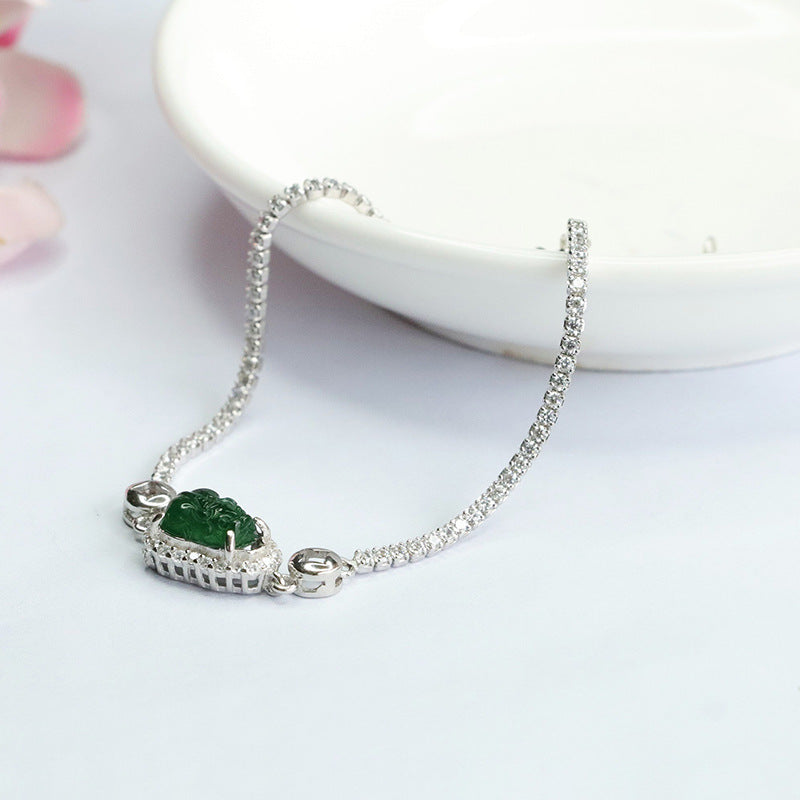 Sterling Silver Pixiu Bracelet with Natural Jade Inlay
