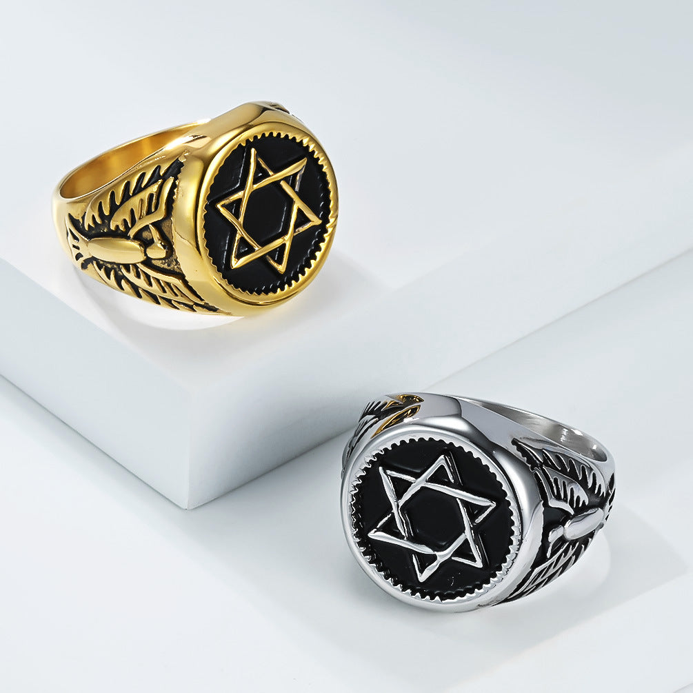 Planderful Stainless Steel Hexagram Eagle Head Ring For Men Retro Trendy Punk Jewelry