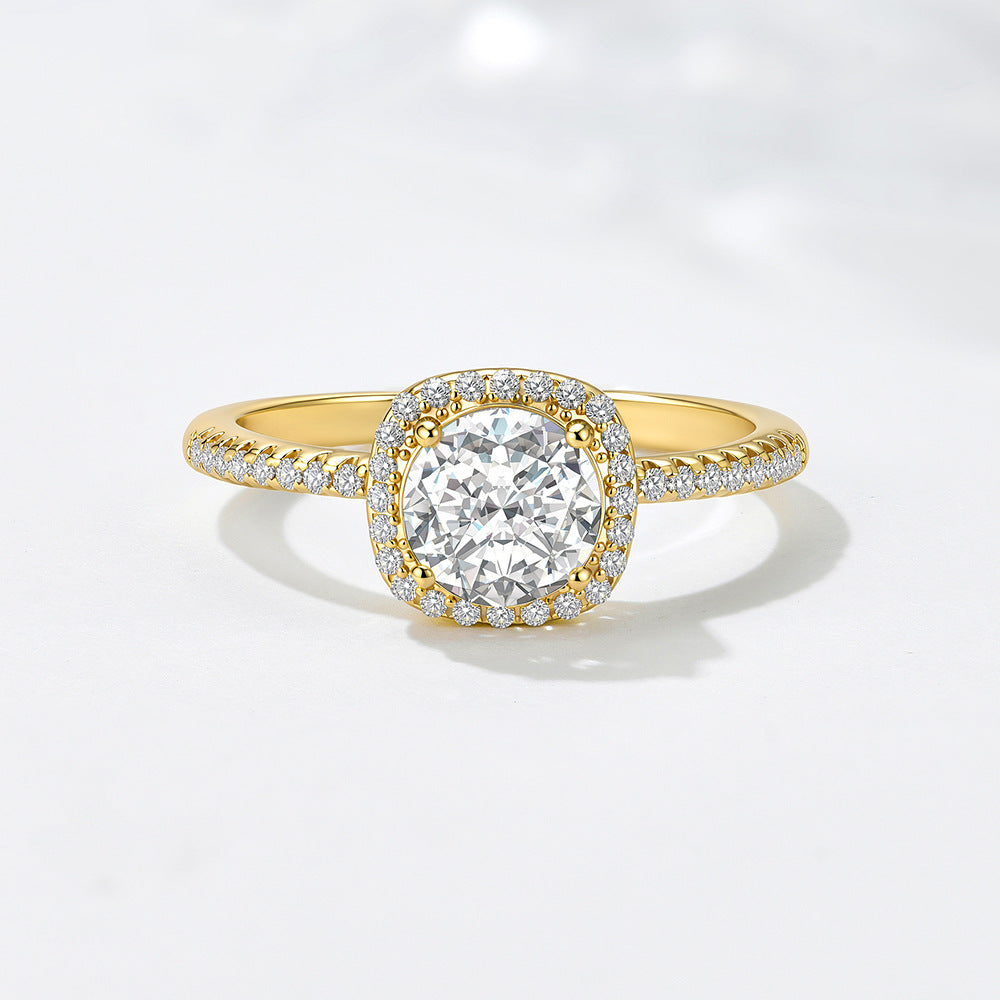 925 Sterling Silver Small Sugar Cube One Carat Simulation Diamond Zircon Ring European,