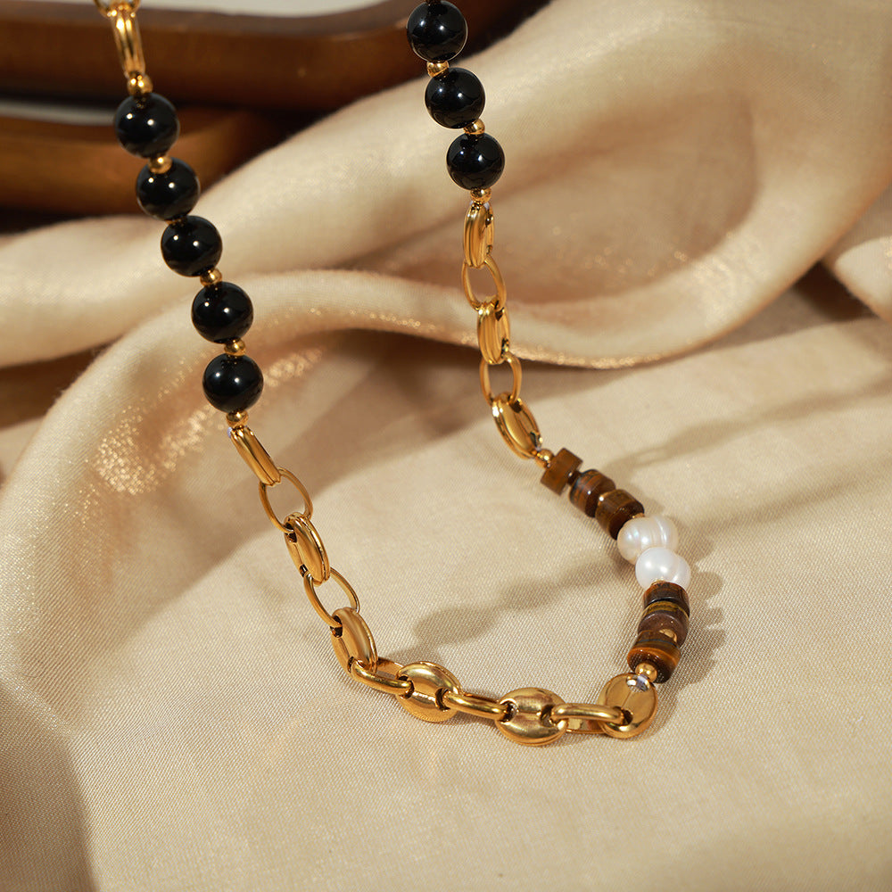 Luxury Tiger's Eye and Black Agate Handmade Necklace with Freshwater Pearls
