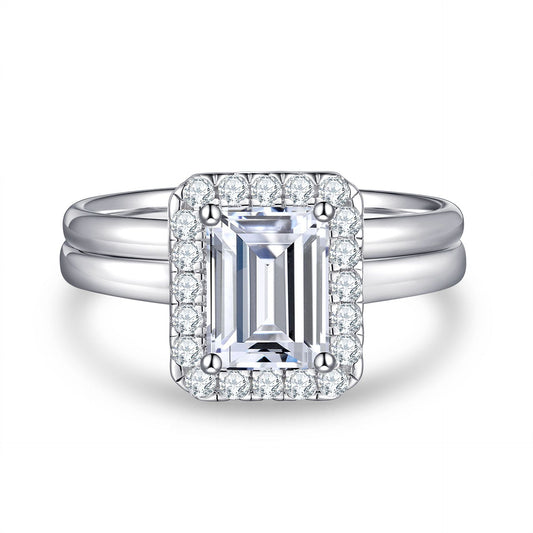 Planderful Sterling Silver Emerald Cut Zircon Ring for Women 2 Carat Sparkling Fashion Stacked Set