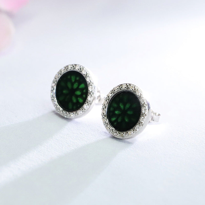 Round Natural Jadeite and Sterling Silver Earrings