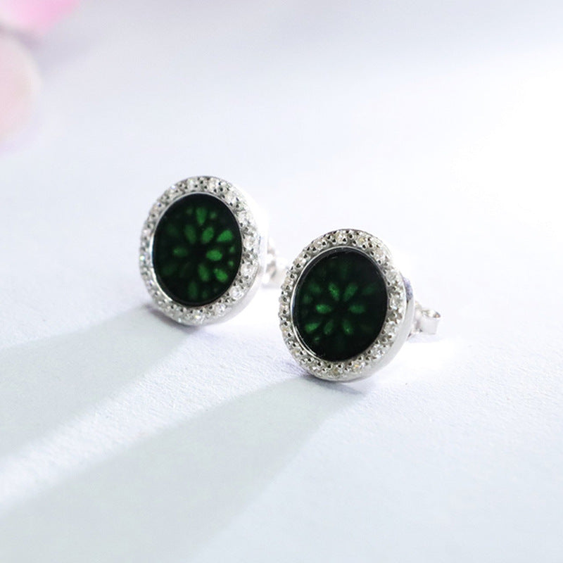 Dark Jadeite Peace Plaque 925 Silver Stud Earrings