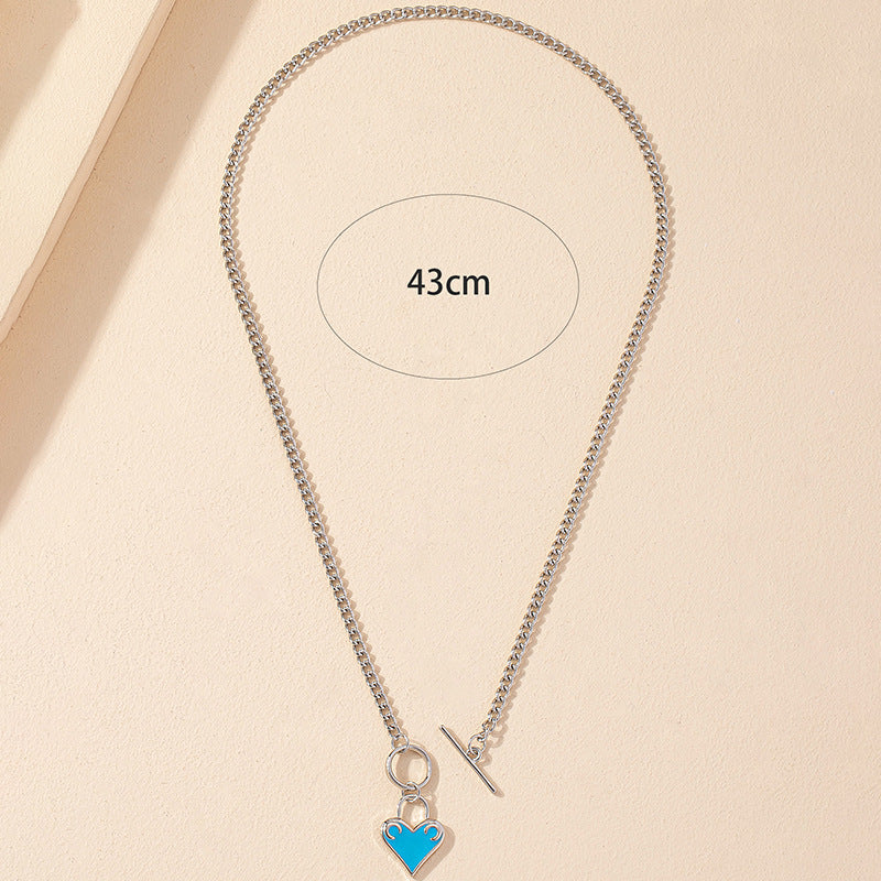 Drop Glaze Love Necklace with OT Buckle Design and Small Lock Pendant - Elegant Collarbone Chain