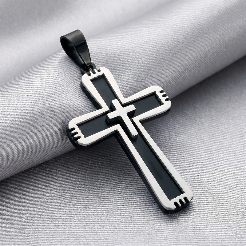 Functional Vacuum Electroplating Mixed Color Double Layer Embedded Small Cross Toothed Stainless Necklace