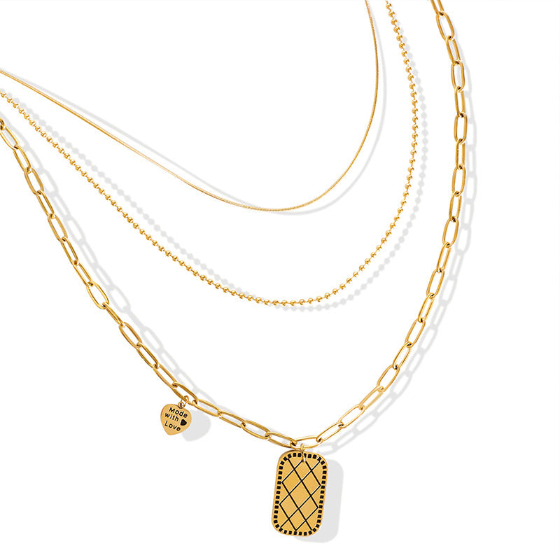 Three-Layer Square Love Pendant Necklace - Punk Style Titanium Steel Clavicle Necklace