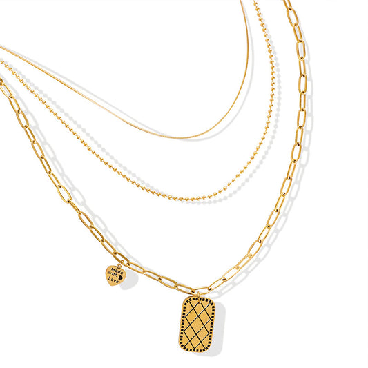 Three-Layer Square Love Pendant Necklace - Punk Style Titanium Steel Clavicle Necklace