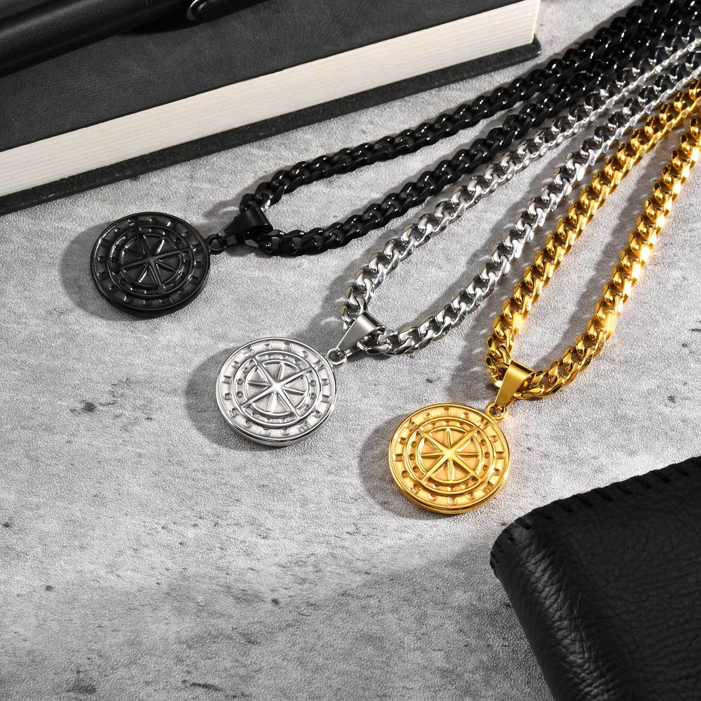 Planderful Stainless Steel Compass Pendant Necklace for Men