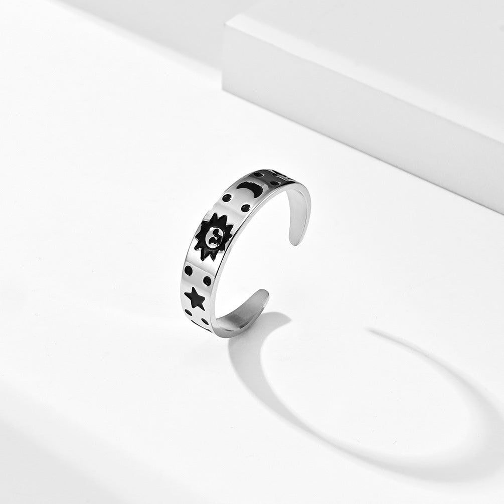 Planderful Titanium Steel Ring Unisex Adjustable Sun Star Smiling Face Jewelry Retro Style