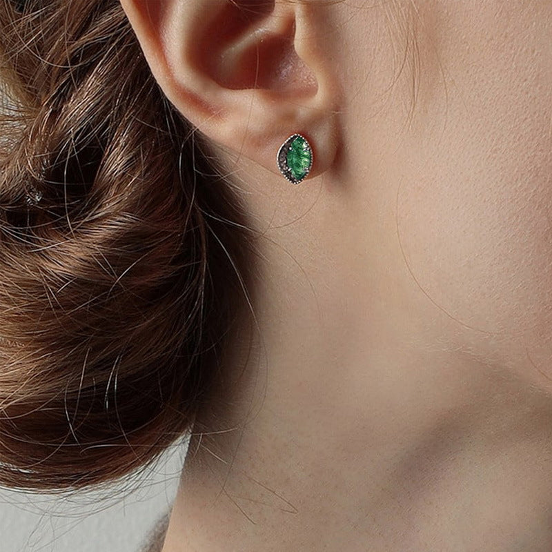 S925 Sterling Silver Gold-Plated Moss Agate Marquise Stud Earrings