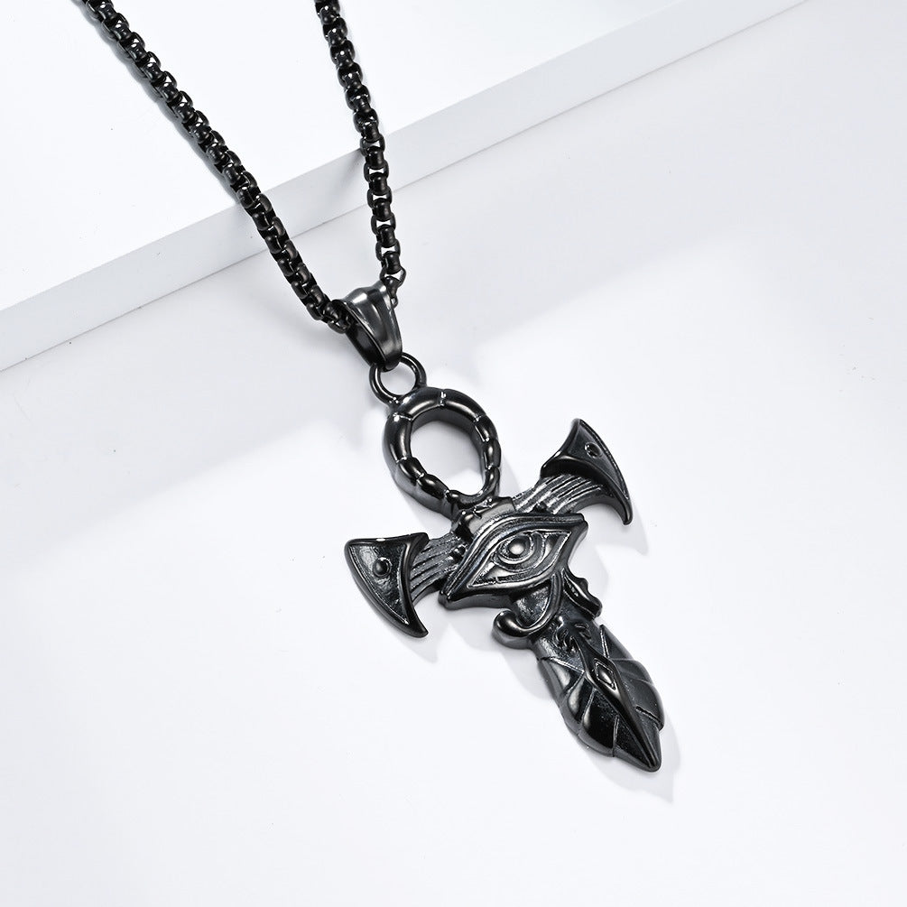 Planderful Titanium Steel Necklace Eye Of Horus Ankh Cross For Hip Hop Streetwear Fans Durable Bold Statement