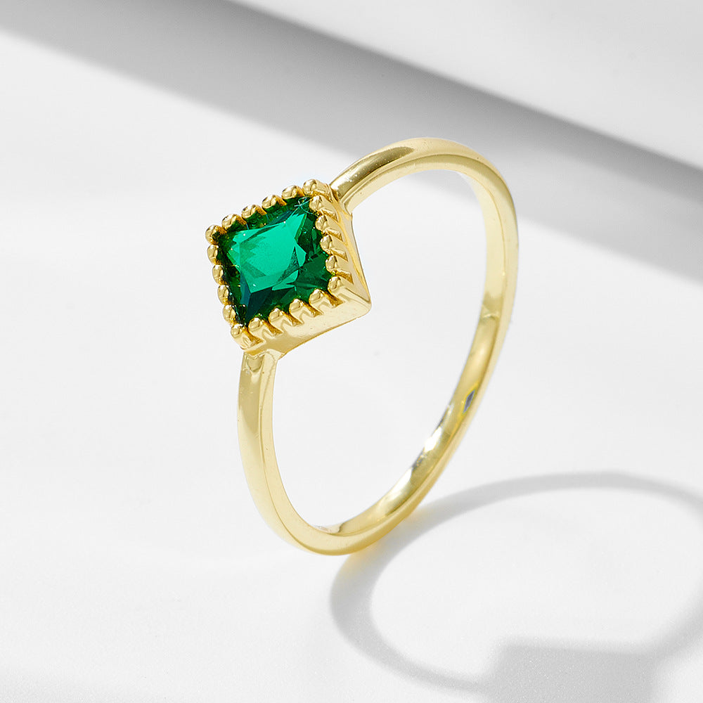 Square Emerald Colour Zircon Silver Ring