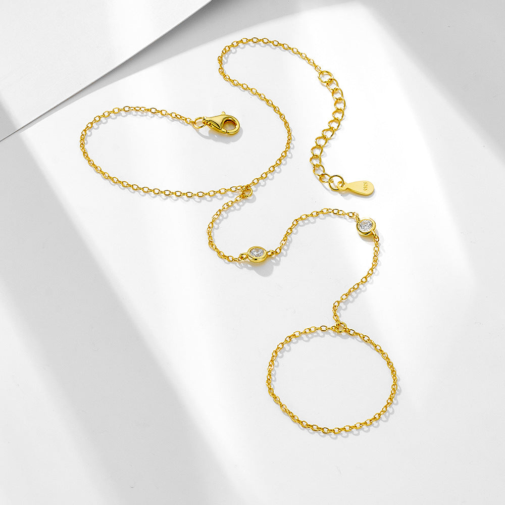 S925 Sterling Silver Round Zircon Finger Chain Bracelet
