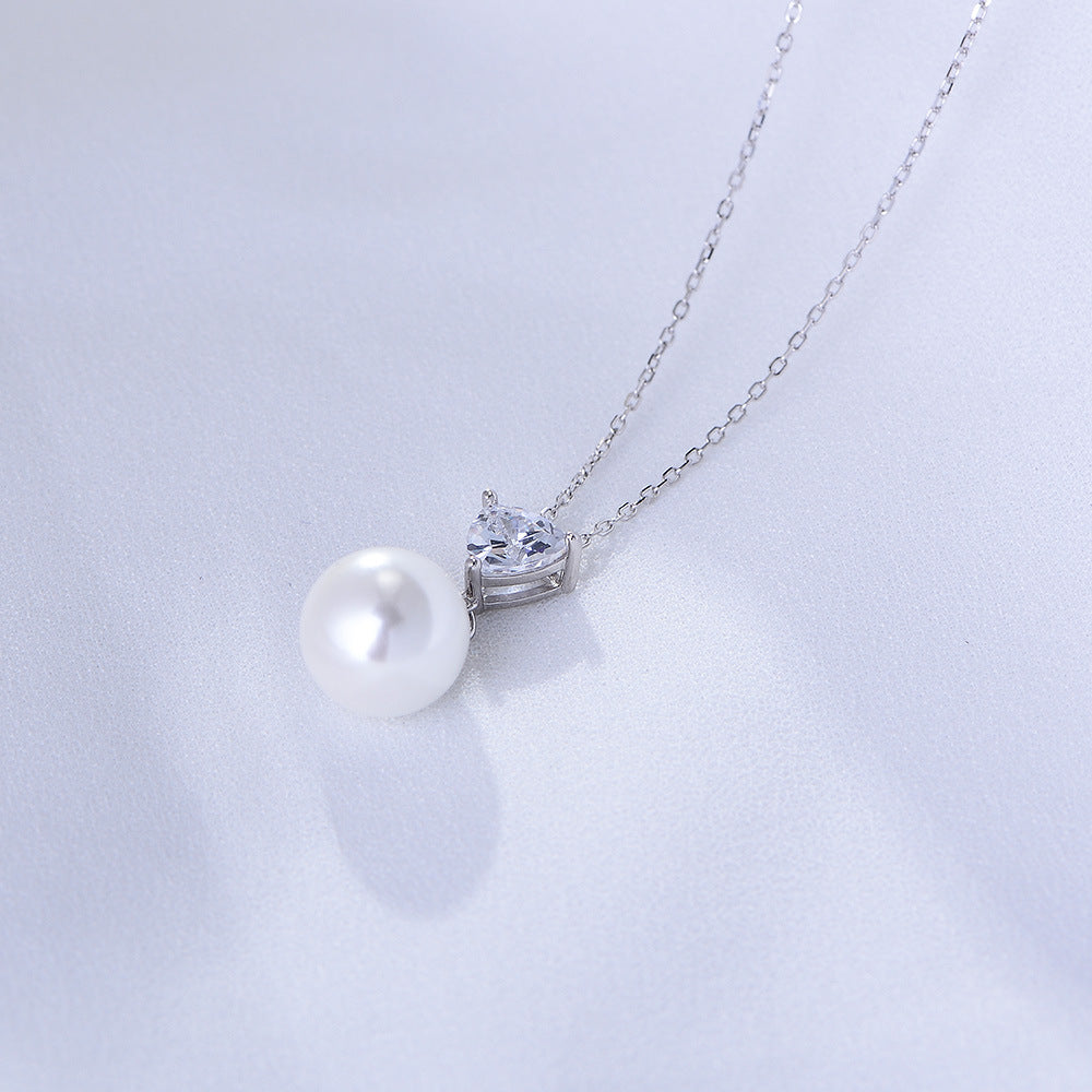 S925 Sterling Silver Heart-Shaped Zircon Pearl Necklace Sense